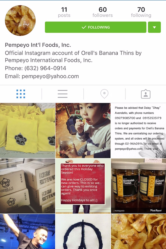 Pempeyo Orells banana thins instagram