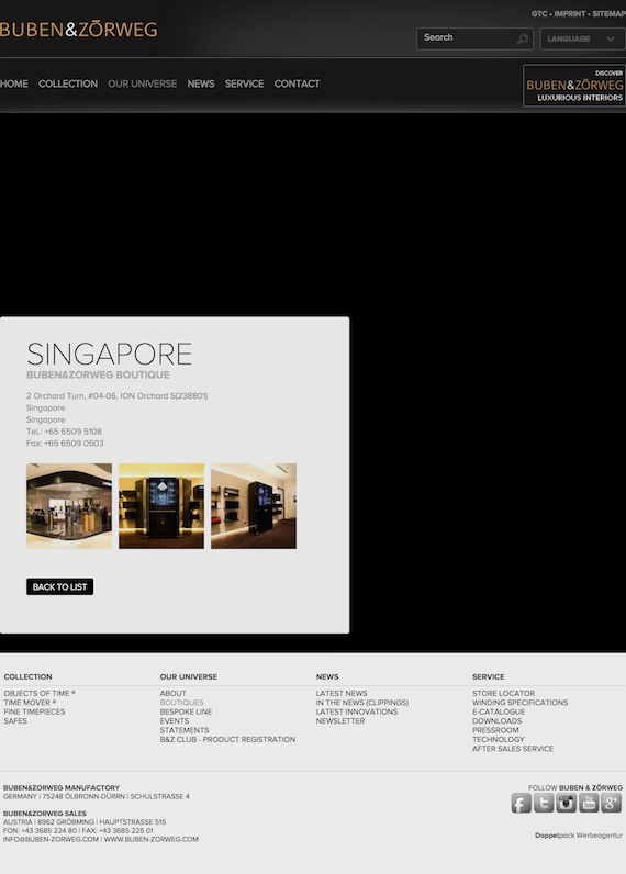 Buben&Zorweg Boutique in Singapore Ion Orchard for time mover watch winder, luxury safes, watches, clocks, wine & cigars.